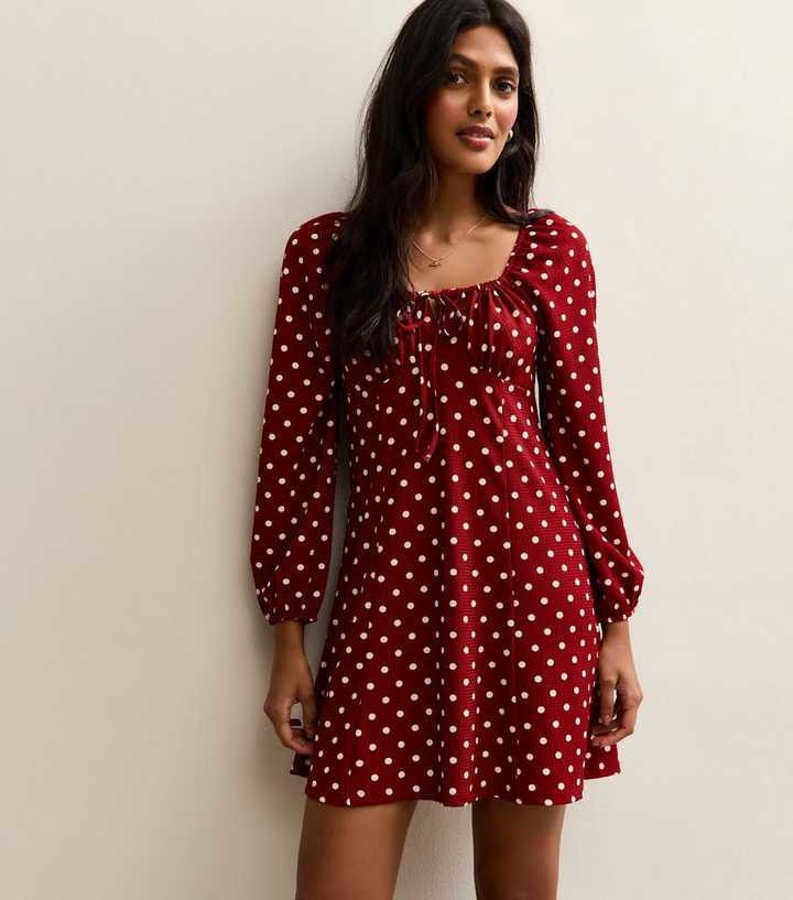 Red Long Sleeve Spot Print Milkmaid Mini Dress