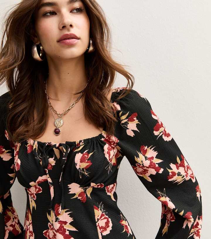Black Long Sleeve Floral Print Milkmaid Mini Dress | New Look Black Long Sleeve Floral Print Milkmaid Mini Dress | New Look