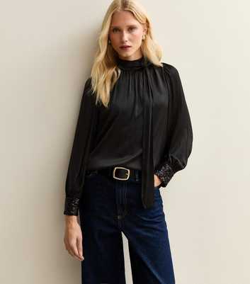 Black Satin Sequin Cuff Blouse