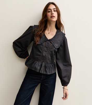 Black Lace Insert Oversized Collar Shirt
