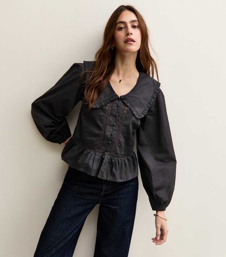 Black Lace Insert Oversized Collar Shirt