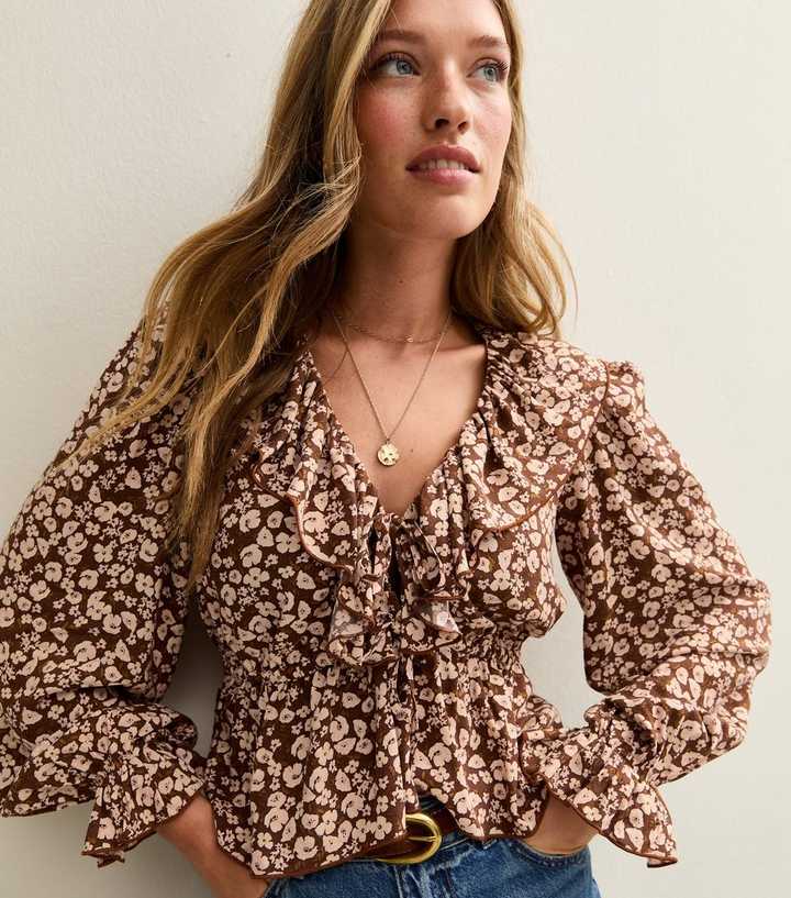 Brown Floral Print V-Neck Peplum Blouse