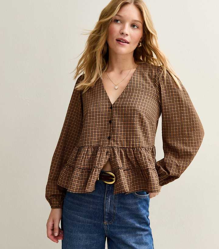 Brown Gingham V-Neck Blouse