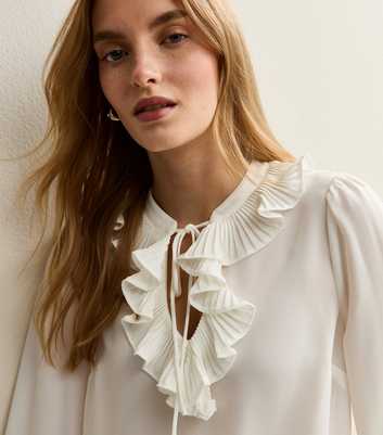 Off White Ruffled Tie Neck Long Sleeve Blouse