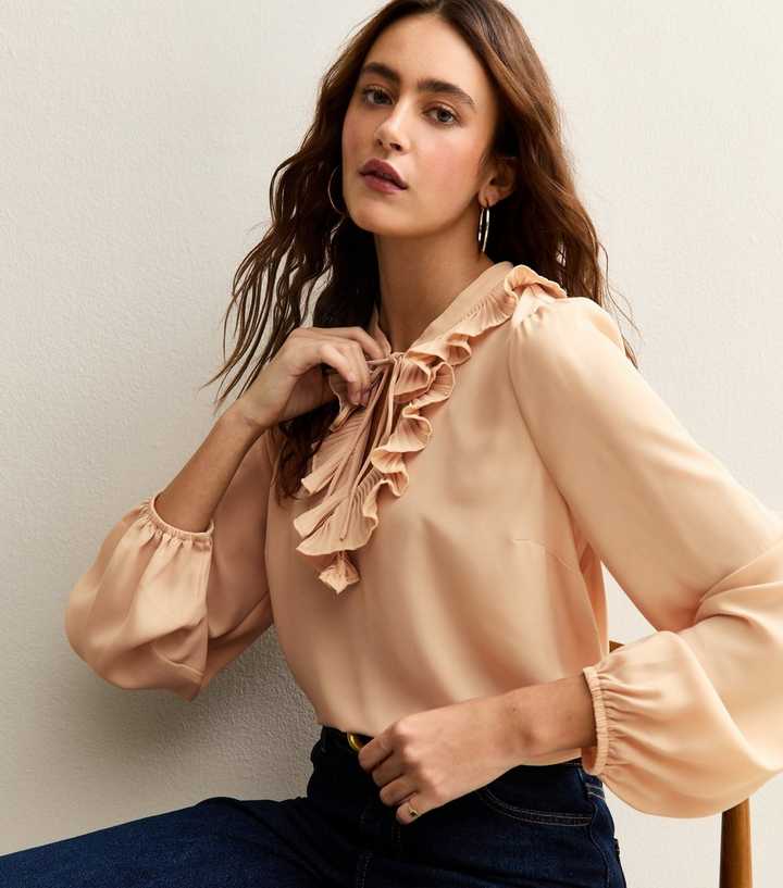 Pale Pink Ruffled Tie Neck Long Sleeve Blouse
