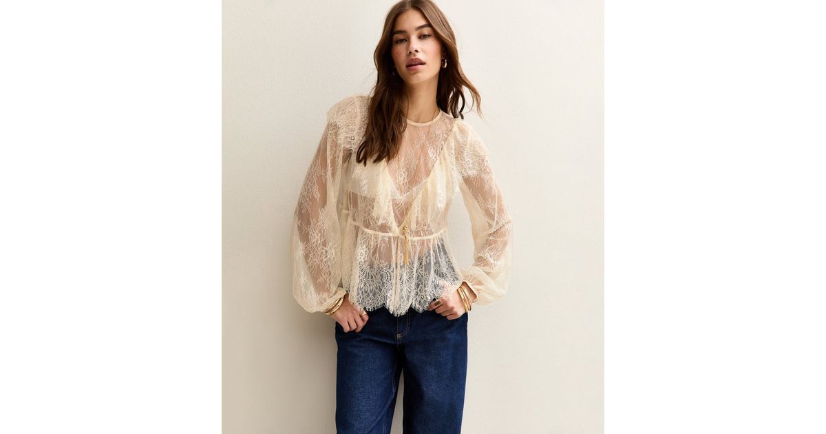 White Floral Lace Long Sleeve Semi Sheer Blouse New Look