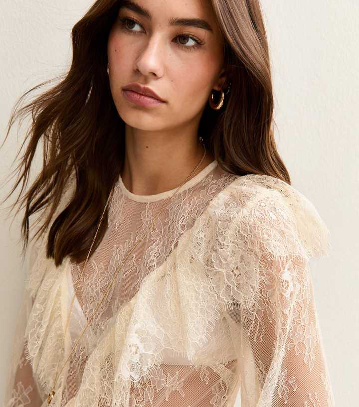 Flower Sheer Sleeve V-Neck Blouse