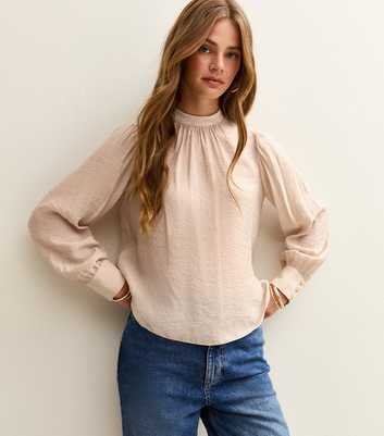 Off White Gathered High Neck Long Sleeve Top