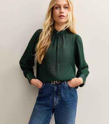 Dark Green Gathered High Neck Long Sleeve Top