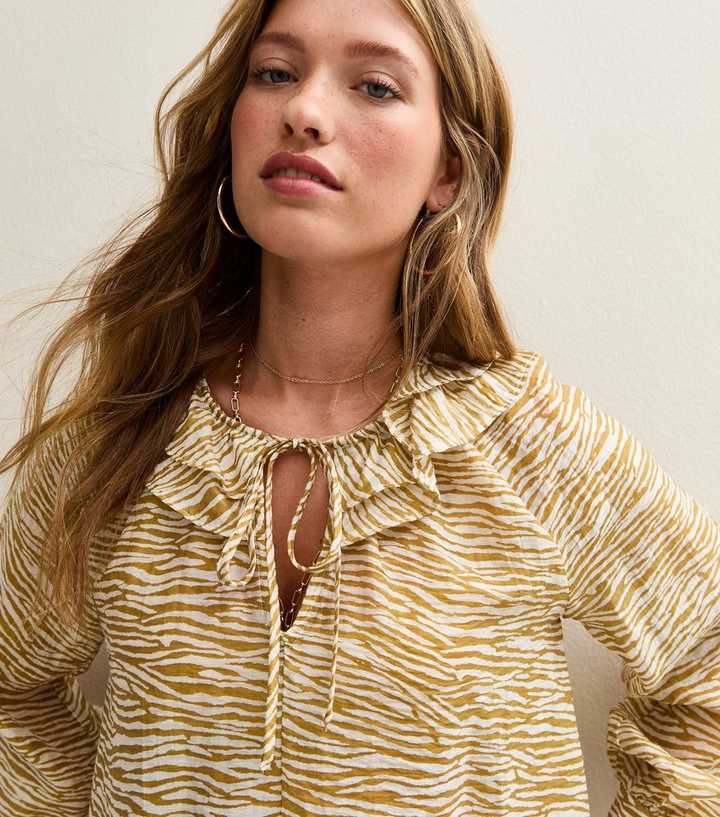 Yellow Zebra Print Frill Long Sleeve Blouse