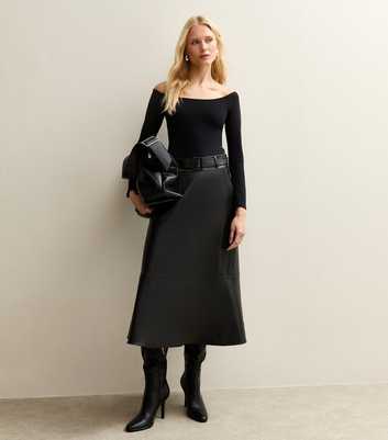 Black Belted Faux Leather Midi Skirt