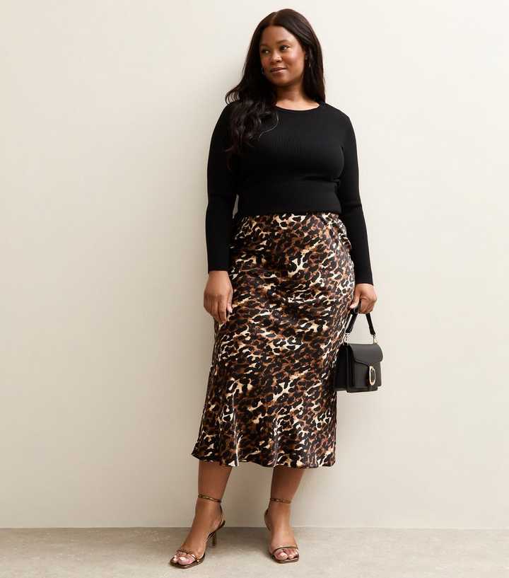 Curves Brown Animal Print Satin Midi Skirt