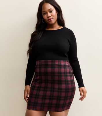 Curves Red Jersey Check Tube Mini Skirt