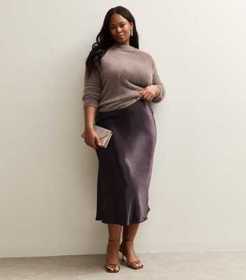 Curves Dark Burgundy Satin Midi Skirt
