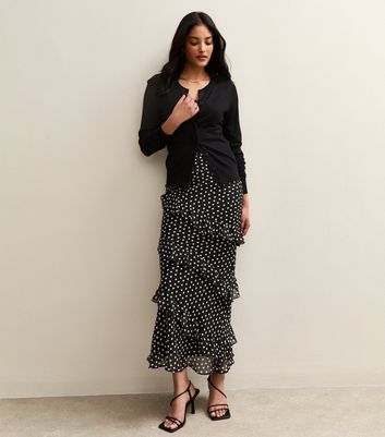Black Chiffon Polka Dot Ruffle Trimmed Midi Skirt | New Look
