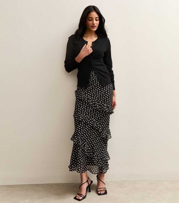 Black Chiffon Polka Dot Ruffle Trimmed Midi Skirt