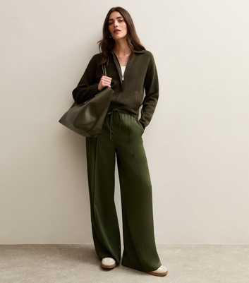 Khaki Satin Drawstring Waist Wide Leg Trousers