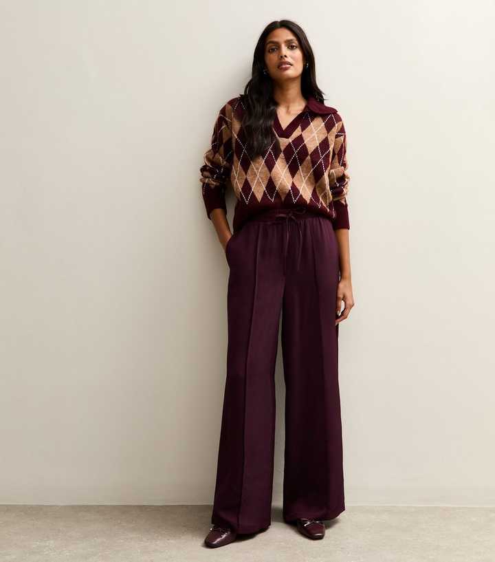 Burgundy Satin Drawstring Waist Wide Leg Trousers