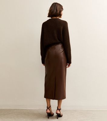 Dark Brown Faux Leather Pencil Skirt New Look