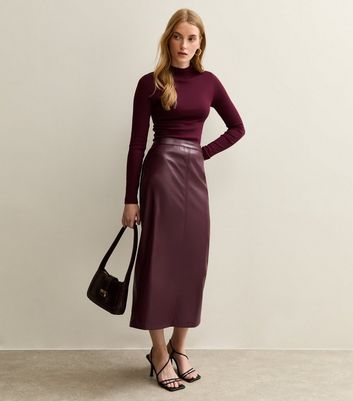 Burgundy Faux Leather Pencil Skirt New Look