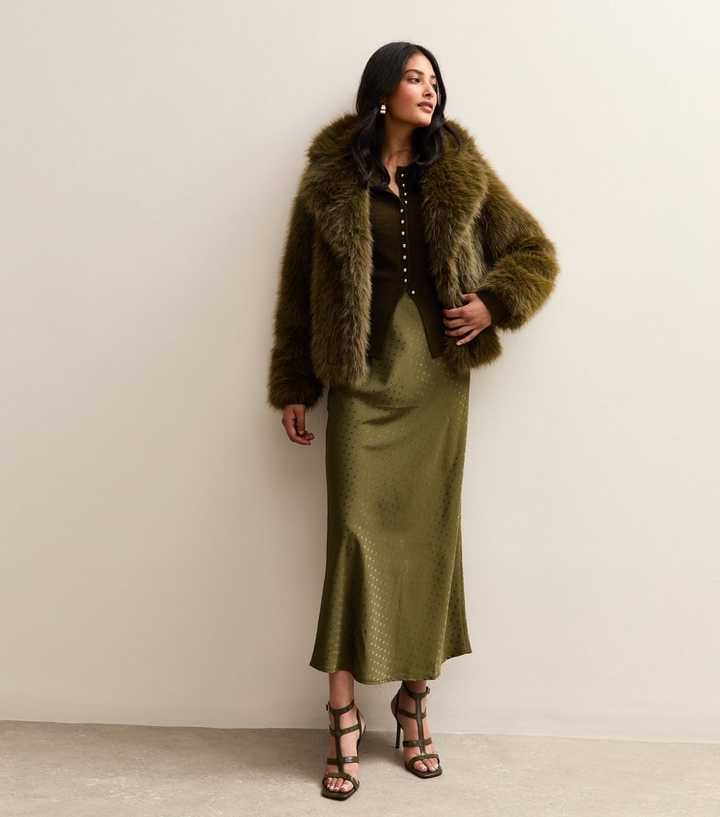 Green Spot Jacquard Satin Bias Cut Midi Skirt