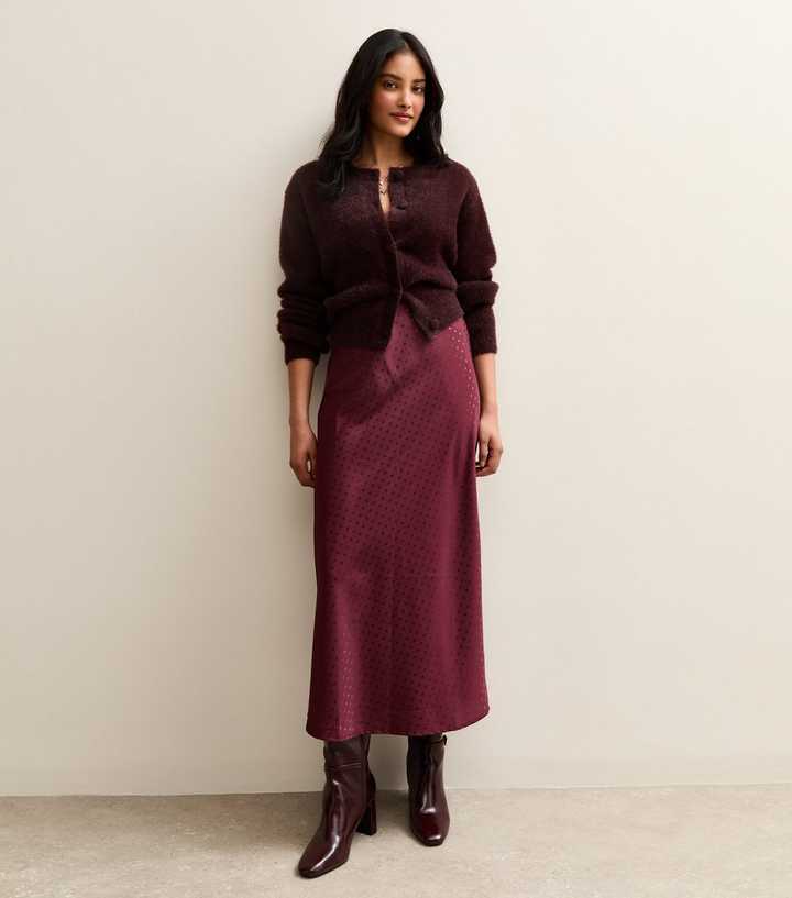 Burgundy Spot Jacquard Satin Bias Cut Midi Skirt