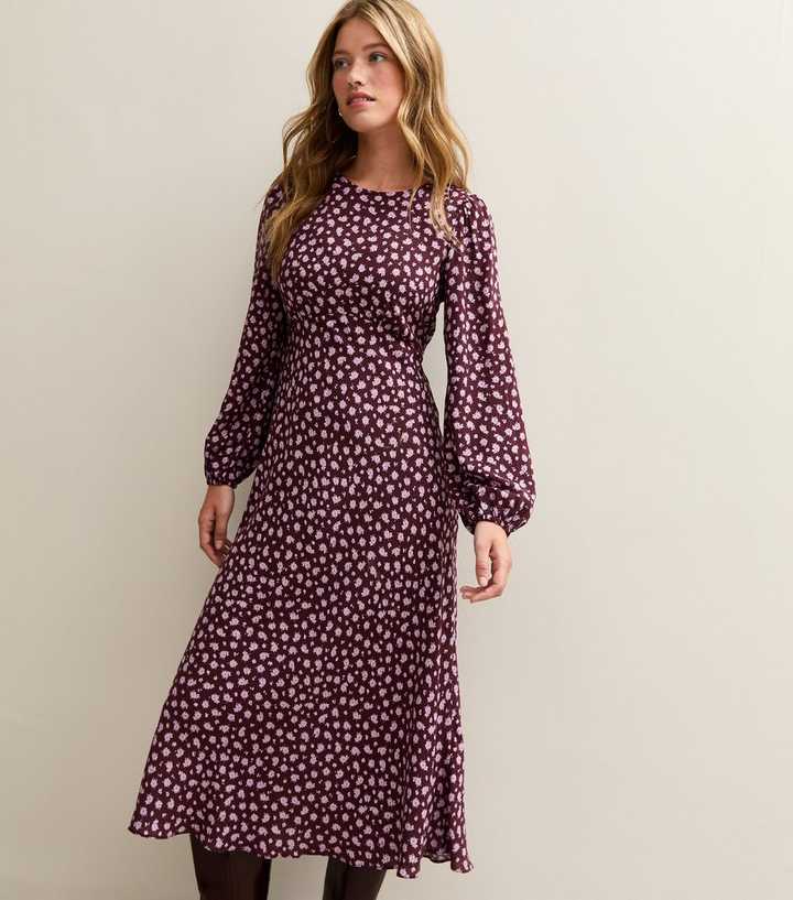 Purple Floral Print Midi Dress