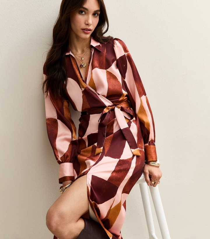 Pink Geometric Print Midi Wrap Dress