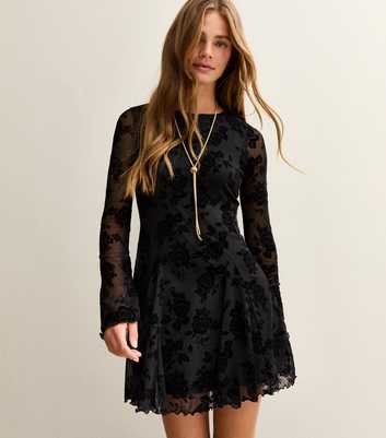 Black Jersey Mesh Floral Devore Mini Dress