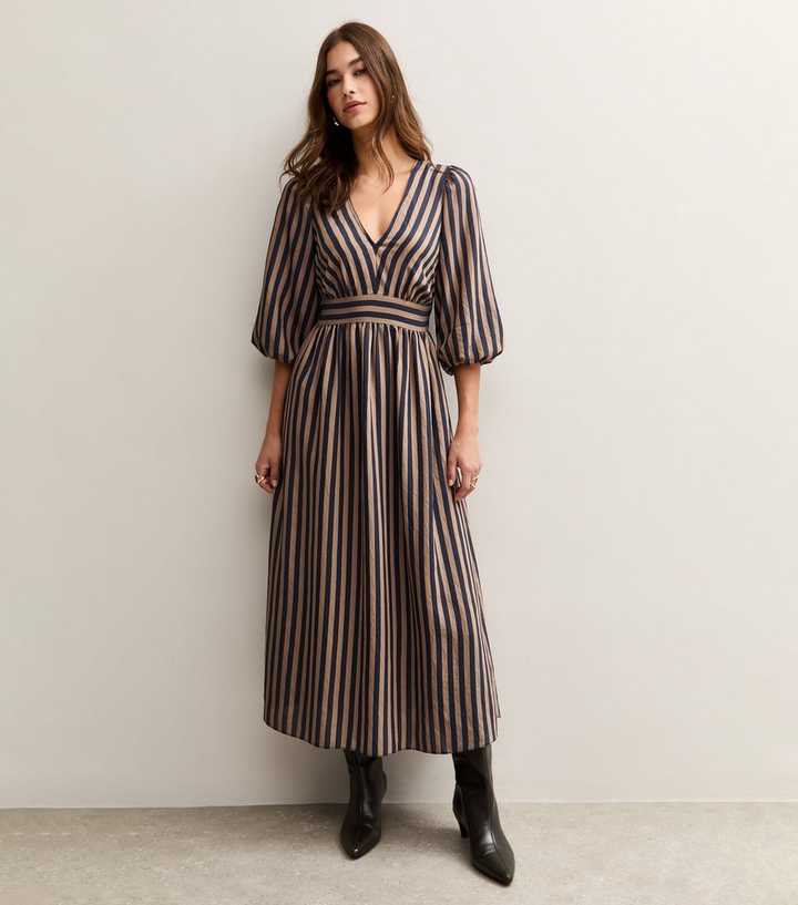 Brown Striped V-Neck Puff Sleeve Midi Dress | New Look