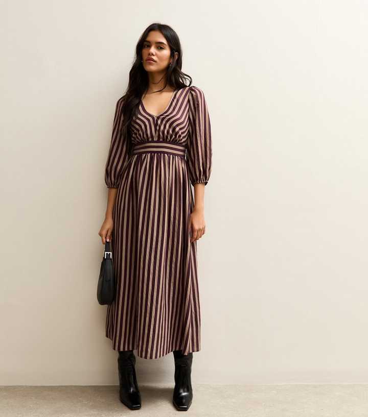 Burgundy Striped V-Neck Three Quarter Sleeve Midi Dress