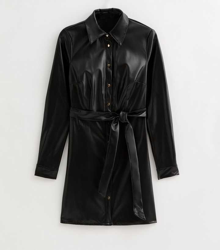 Black Faux Leather Button Up Mini Shirt Dress | New Look