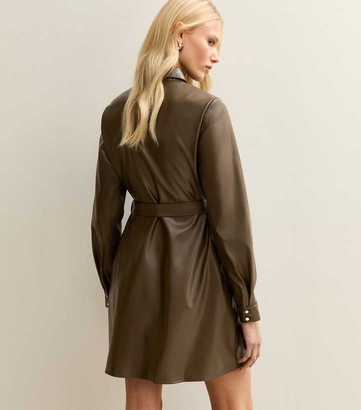 Khaki Faux Leather Button Up Mini Shirt Dress | New Look Khaki Faux Leather Button Up Mini Shirt Dress | New Look