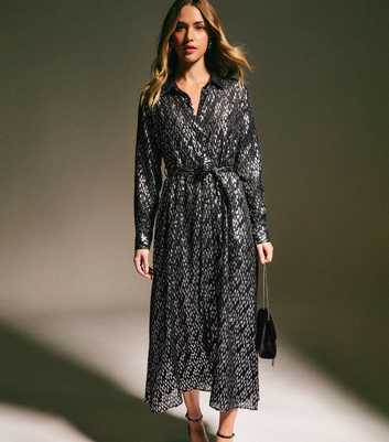 Black Abstract Metallic Pattern Midi Shirt Dress