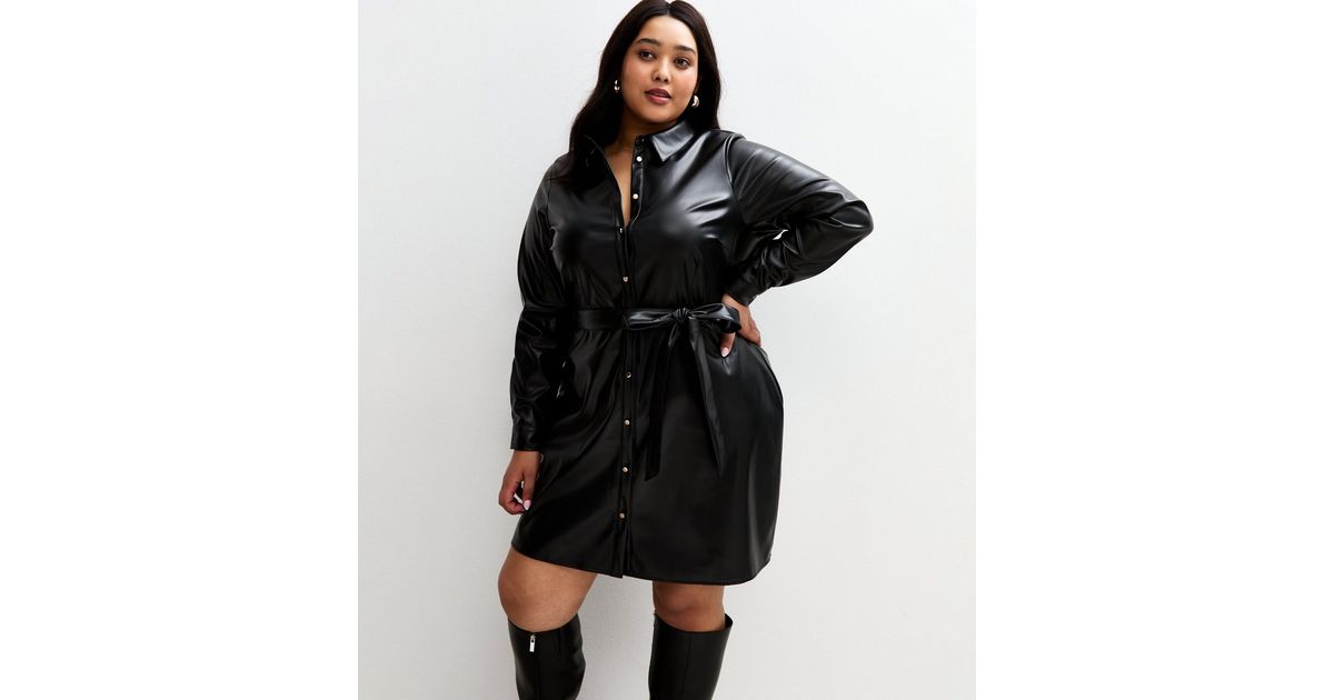 Curves Black Faux Leather Button Up Mini Dress | New Look