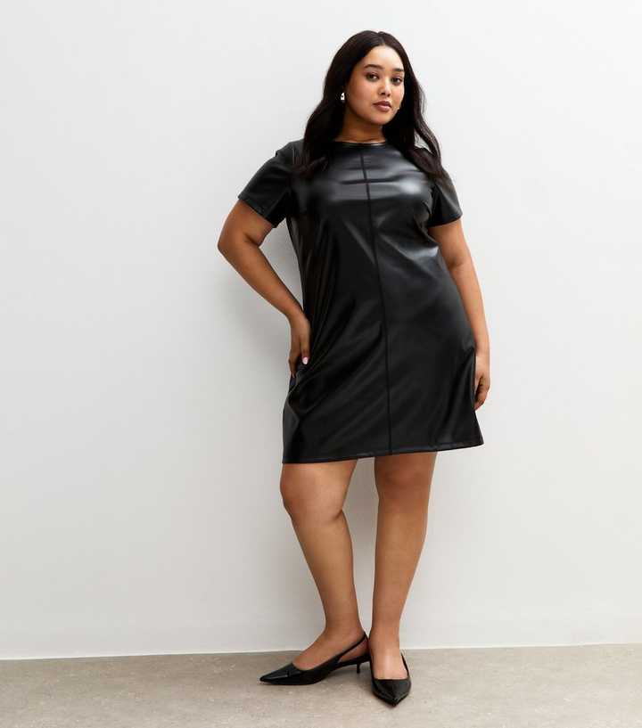 black faux leather dress plus size Black Faux Leather Dress Knee Length Short Sleeve Belt