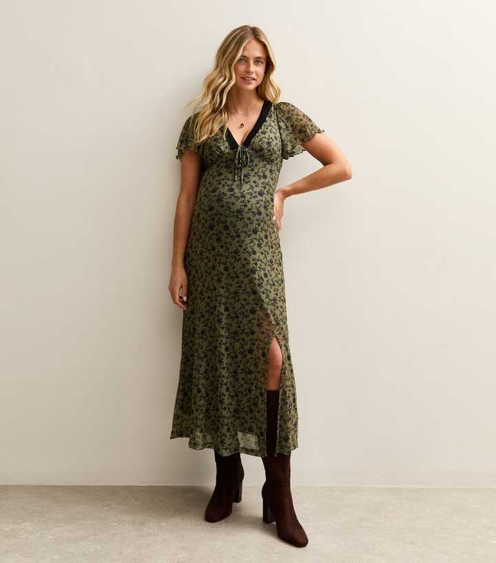 Maternity Khaki Floral Mesh Lace Midi
