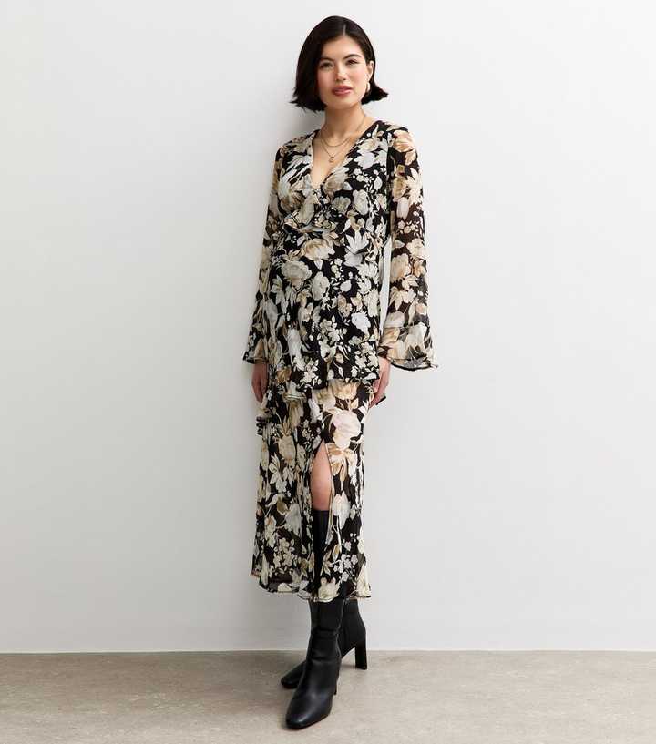 Maternity Black Floral Flared Sleeve Midi Dress