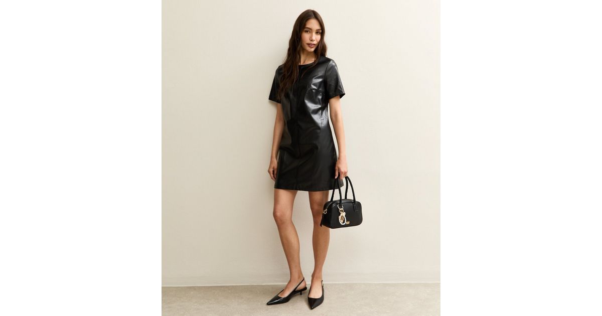 Black Faux Leather Short Sleeve Mini Dress | New Look