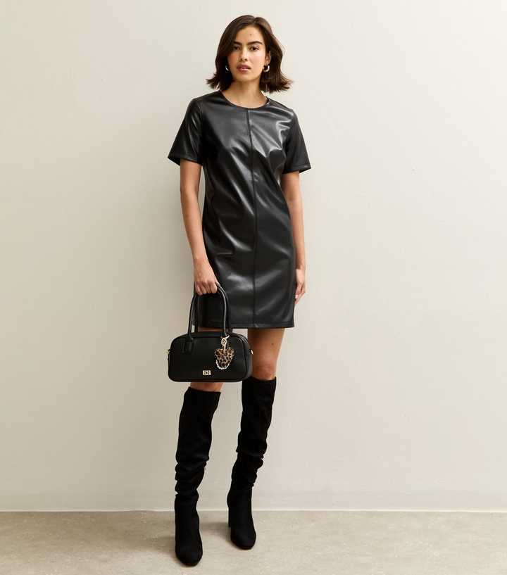 slim fit dress slacks Jet Black Faux Leather High Neck Mini Dress