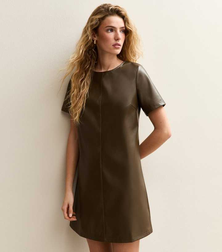 khaki faux leather dress Khaki Faux Leather Spaghetti Strap Midi Dress