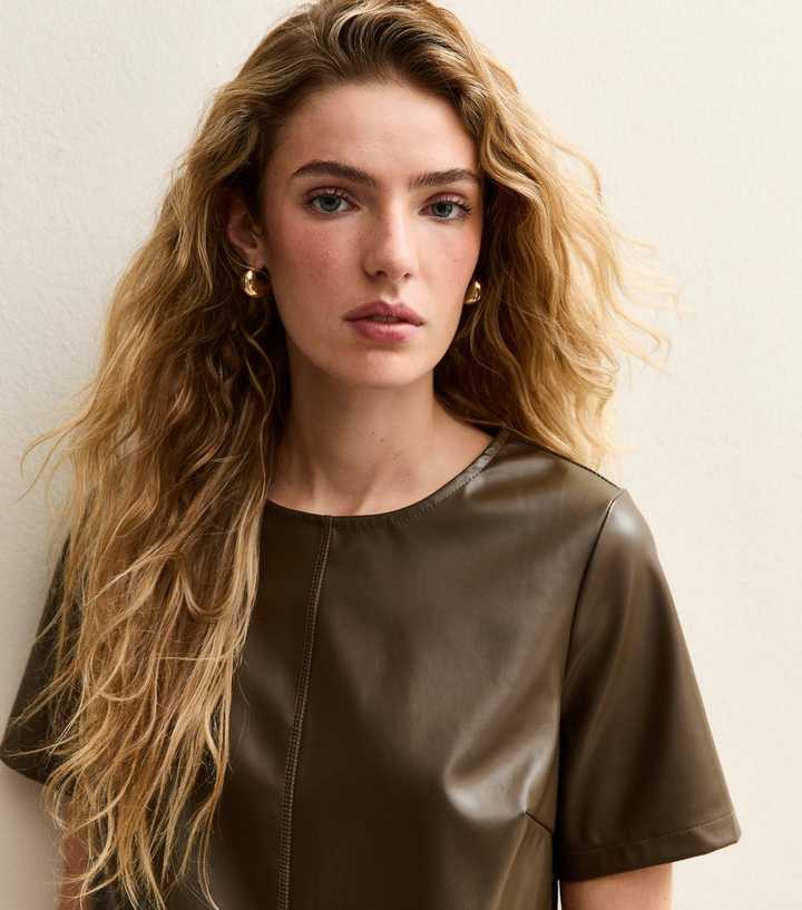 Khaki Faux Leather Short Sleeve Mini Dress