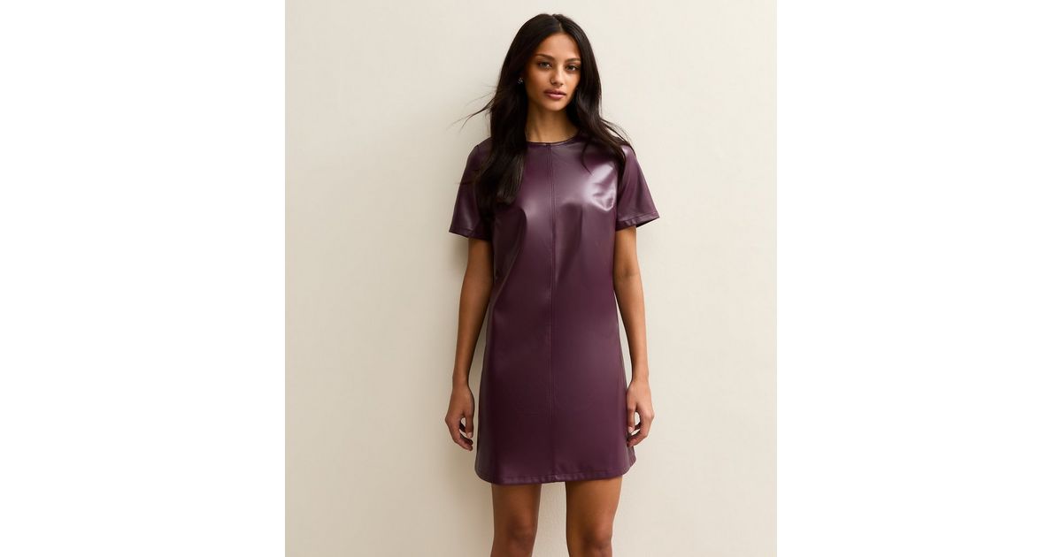 Dark Burgundy Faux Leather Short Sleeve Mini Dress | New Look