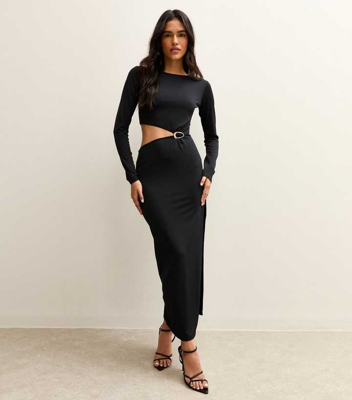Black Cut Out Buckle Detail Long Sleeve Midi Dress