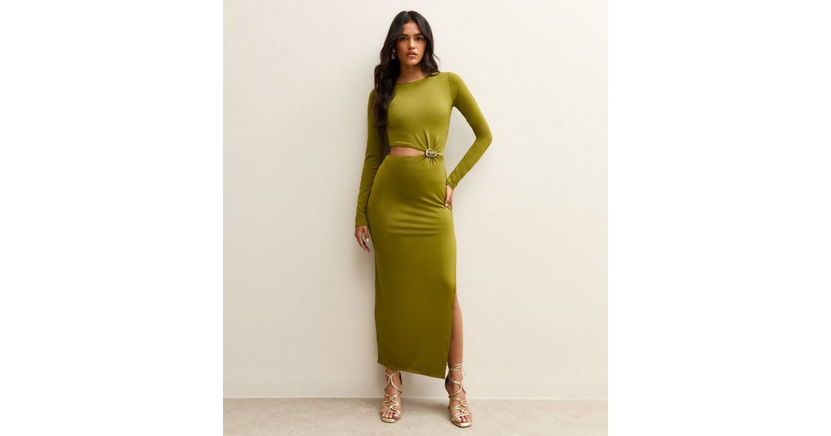 Green Brushstroke Print Cutout Midi Dress