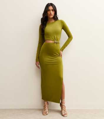 Green Cut Out Buckle Detail Long Sleeve Midi Dress