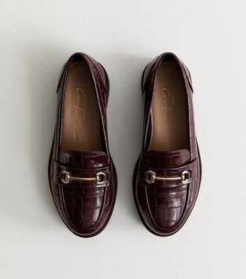 Wide Fit Burgundy Faux Leather Croc Embossed Loafers