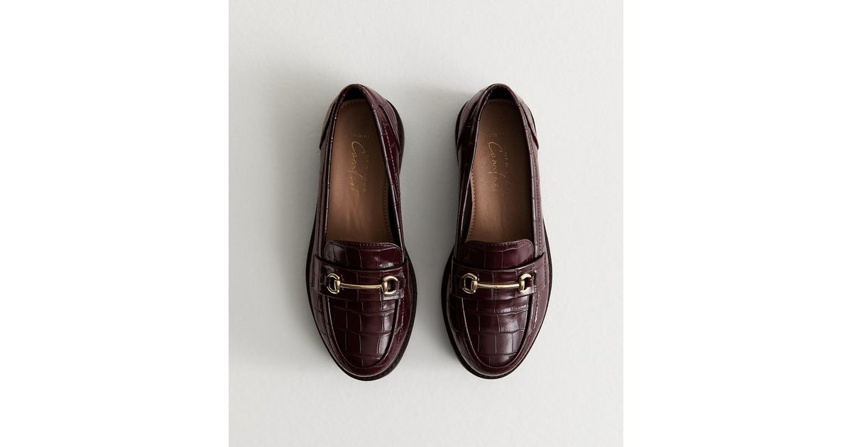 Wide Fit Burgundy Faux Leather Croc Embossed Loafers | New Look