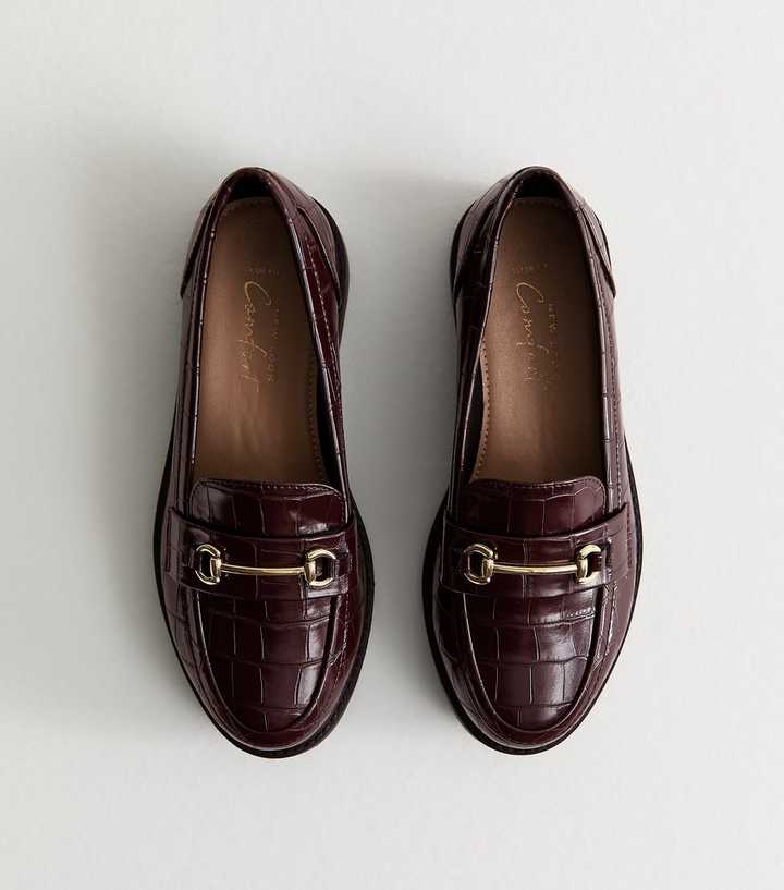 Wide Fit Burgundy Faux Leather Croc Embossed Loafers