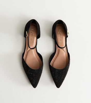 Black Bedazzled Pointed Toe Ankle Strap Ballerina Flats